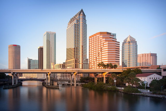 Downtown Tampa skyline seen from the West Platt Street bridge
