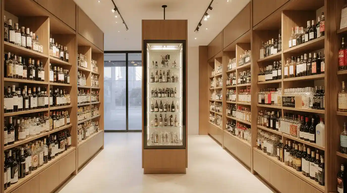 Well-organized liquor store interior